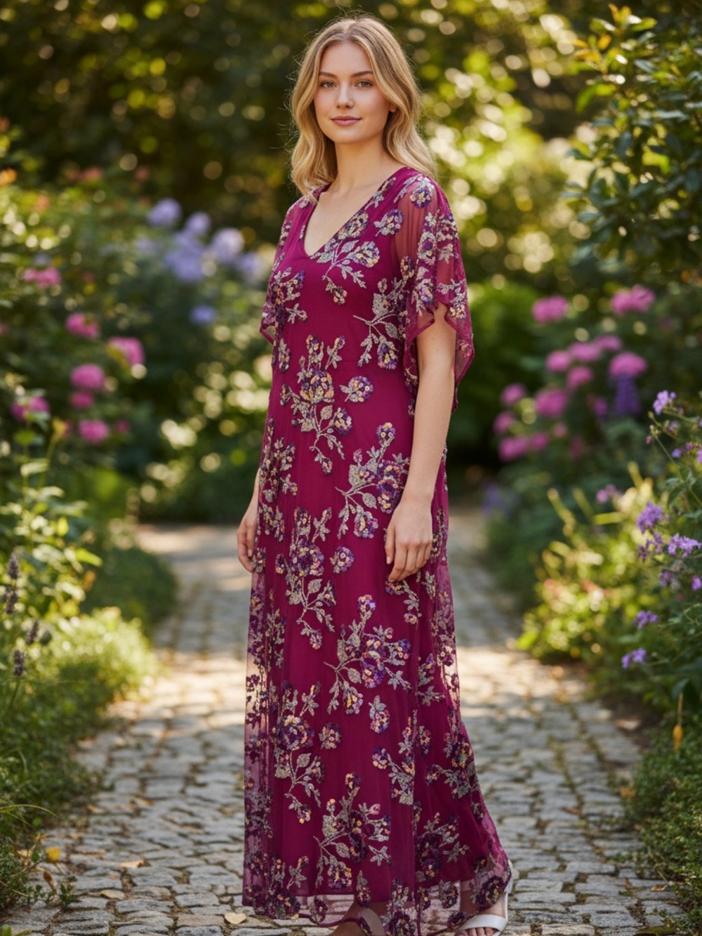 BuddyLove Atlas Sequin Caftan Maxi Dress Magenta Floral Purple Small NWT